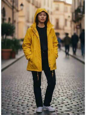 Woman Within Yellow Hooded Waterproof Jacket 22/24 Fleece Lining Nylon Blend